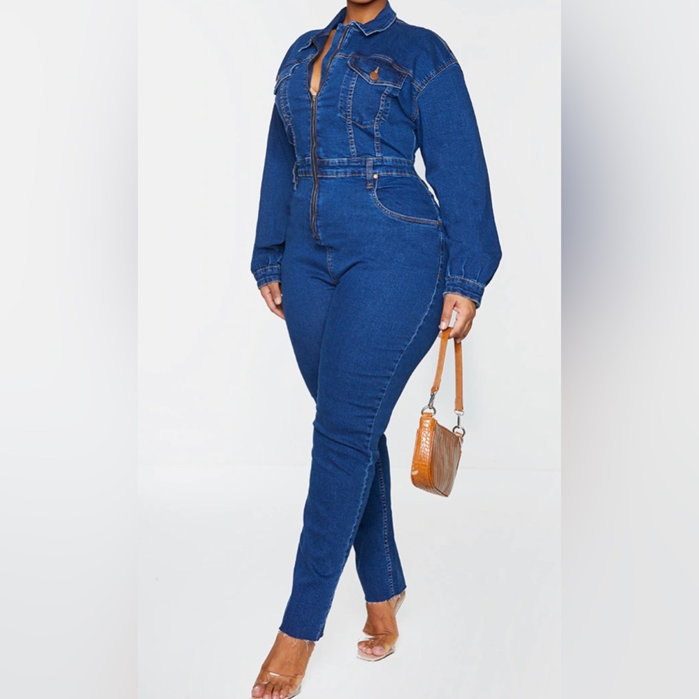 Mid blue wash denim jumpsuit